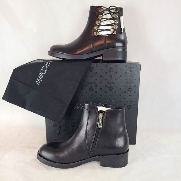 New MARC CAIN Women's (7.5) Black Leather Side Lace Up and Zip Ankle Bootie $420